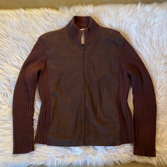 Jones New York Sport Brown Suede Mixed Media Full Zip Jacket (Size: Large) - Picture 5 of 12